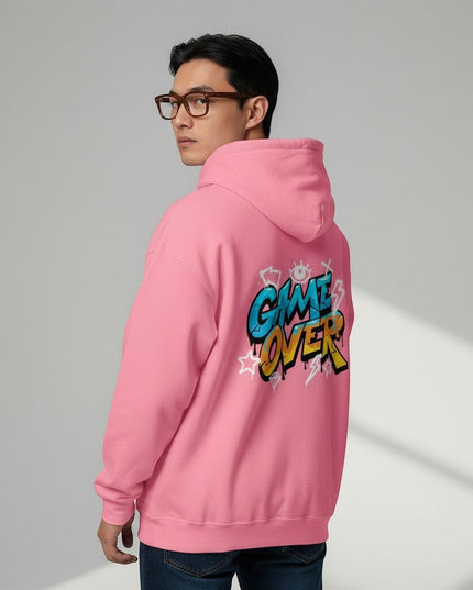 GYM PANTHERS pink hoodie with "GAME OVER" graffiti graphic on back. Soft-touch, structured fit.