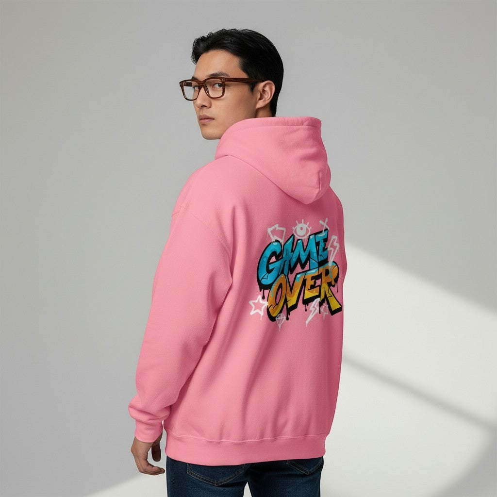 GYM PANTHERS pink hoodie with "GAME OVER" graffiti graphic on back. Soft-touch, structured fit.