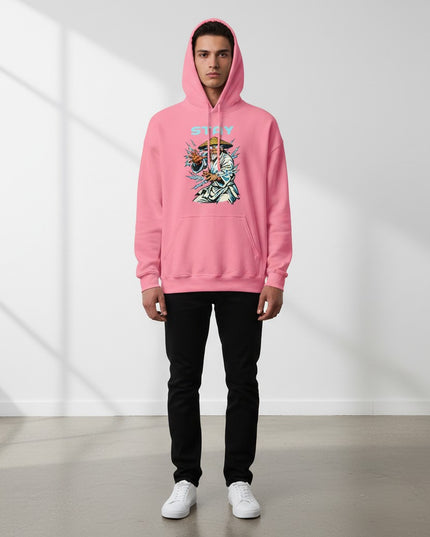 GYM PANTHERS pink cotton-blend hoodie with a graphic of a meditating warrior surrounded by lightning and the word STAY.