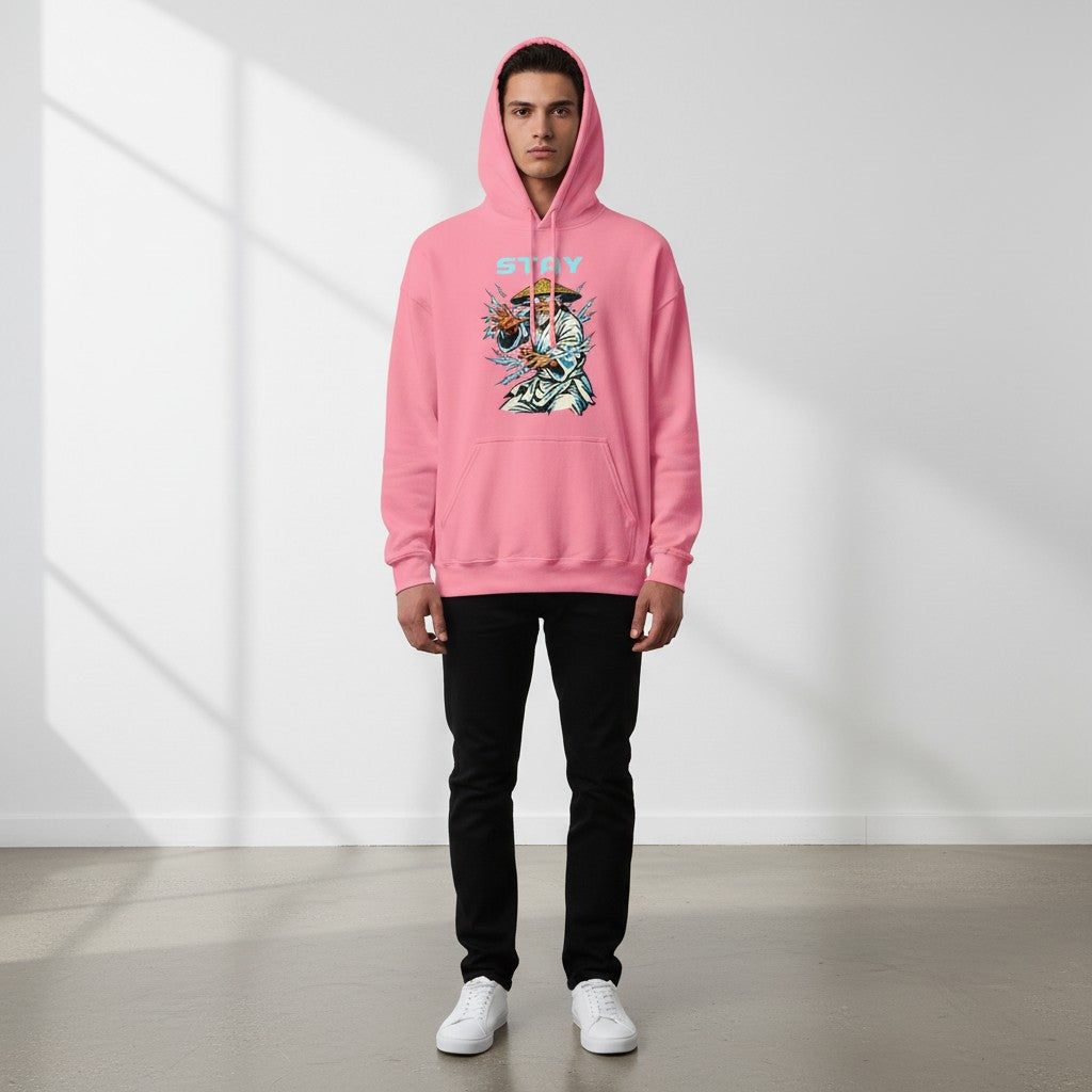 GYM PANTHERS pink cotton-blend hoodie with a graphic of a meditating warrior surrounded by lightning and the word STAY.
