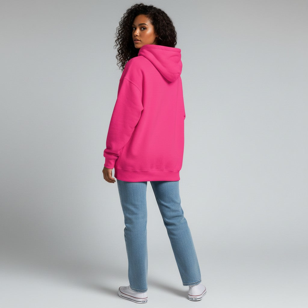 GYM PANTHERS bright pink women's premium hoodie with double-lined hood and matching drawcord, ribbed cuffs and waistband, and front pouch pocket.