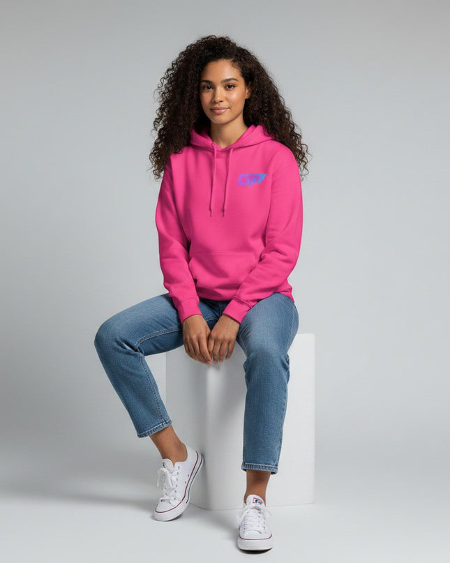 GYM PANTHERS bright pink premium cotton hoodie with a blue and purple GP logo on the chest and a front pouch pocket.
