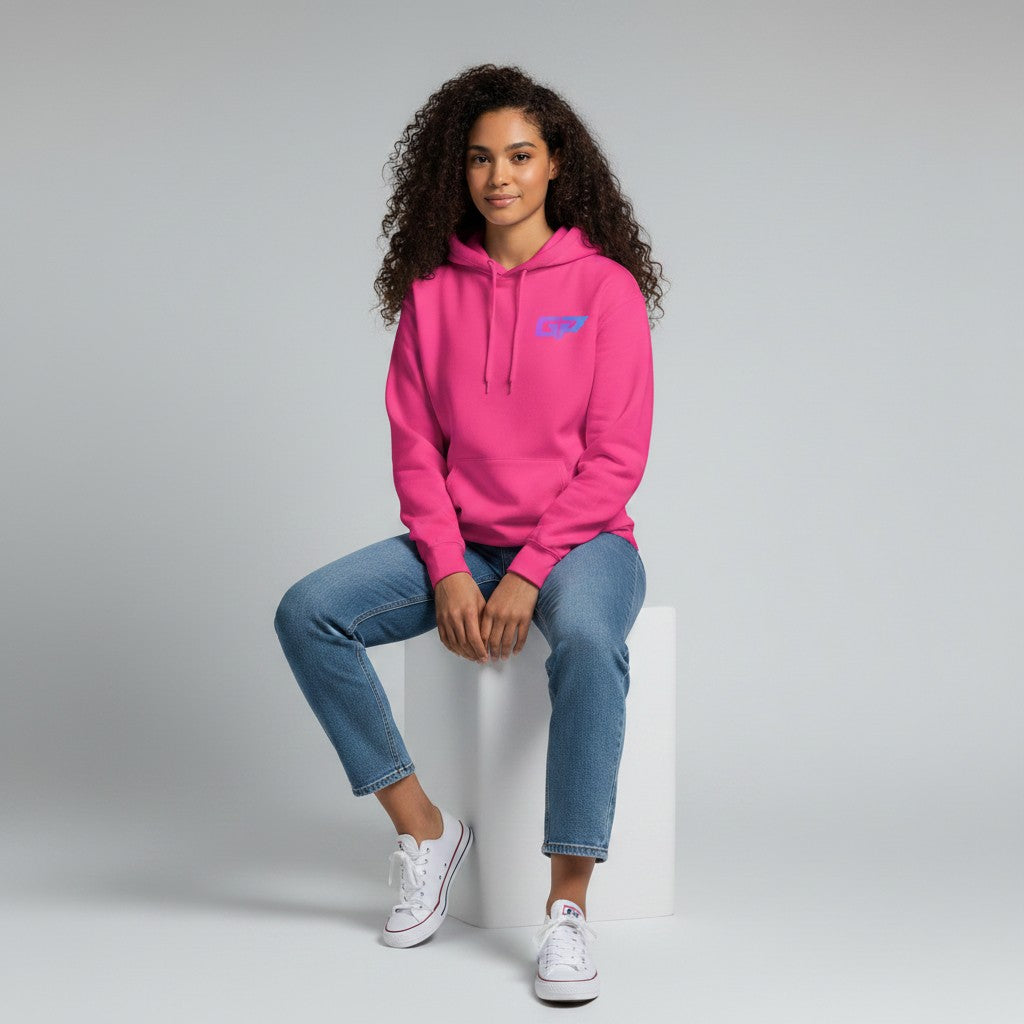 GYM PANTHERS bright pink premium cotton hoodie with a blue and purple GP logo on the chest and a front pouch pocket.