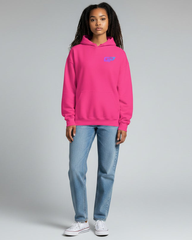 GYM PANTHERS bright pink premium cotton hoodie with a purple and blue GP logo on the chest and a front pouch pocket.