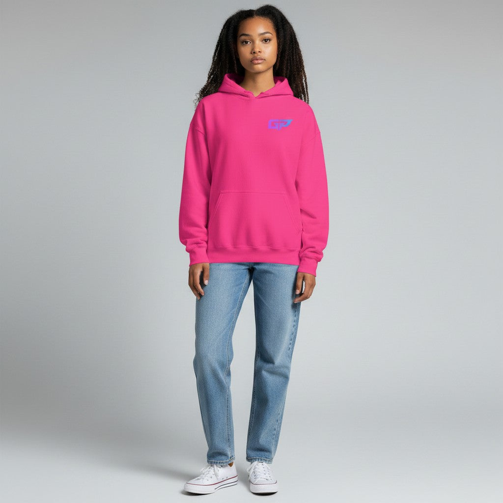 GYM PANTHERS bright pink premium cotton hoodie with a purple and blue GP logo on the chest and a front pouch pocket.