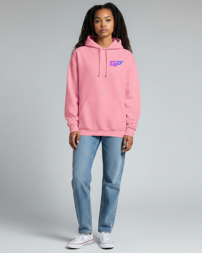 GYM PANTHERS pink premium cotton blend hoodie with purple gradient GP logo on chest, front pouch pocket, drawstring hood.
