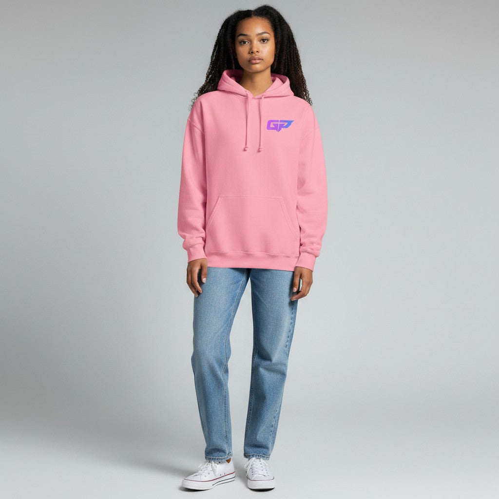 GYM PANTHERS pink premium cotton blend hoodie with purple gradient GP logo on chest, front pouch pocket, drawstring hood.