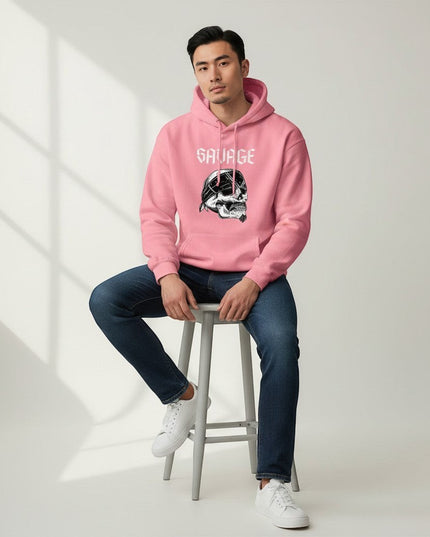 GYM PANTHERS pink hoodie with "SAVAGE" text and skull graphic wearing a bandana.