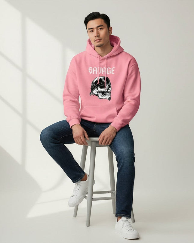 GYM PANTHERS pink hoodie with "SAVAGE" text and skull graphic wearing a bandana.