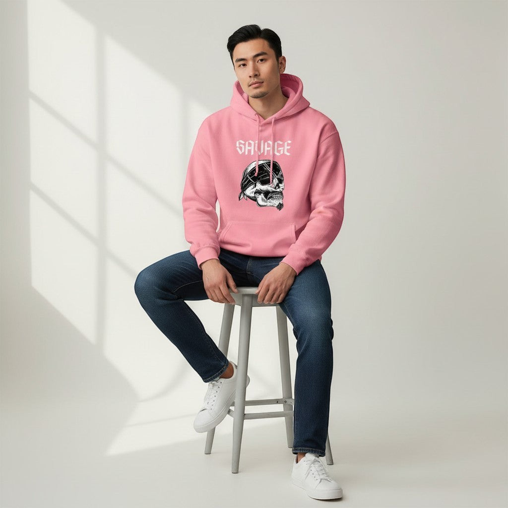 GYM PANTHERS pink hoodie with "SAVAGE" text and skull graphic wearing a bandana.
