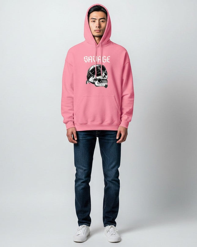 GYM PANTHERS pink pullover hoodie with "SAVAGE" text and skull graphic wearing a bandana.