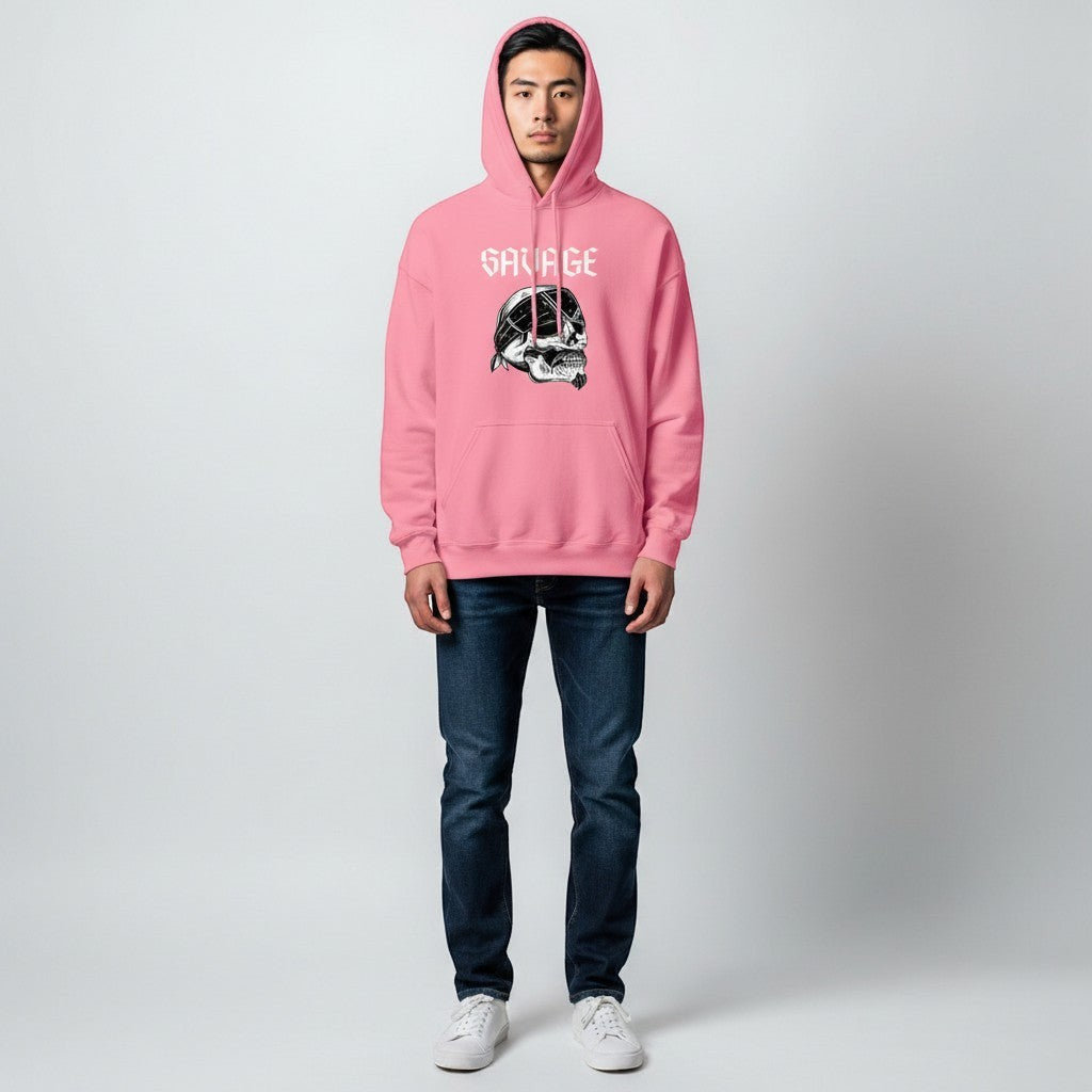 GYM PANTHERS pink pullover hoodie with "SAVAGE" text and skull graphic wearing a bandana.