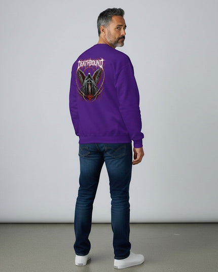 GYM PANTHERS purple crewneck sweatshirt with a graphic of a hooded figure with wings holding a sword, surrounded by thorns and the word Deathbound.