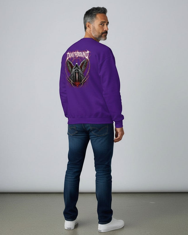 GYM PANTHERS purple crewneck sweatshirt with a graphic of a hooded figure with wings holding a sword, surrounded by thorns and the word Deathbound.