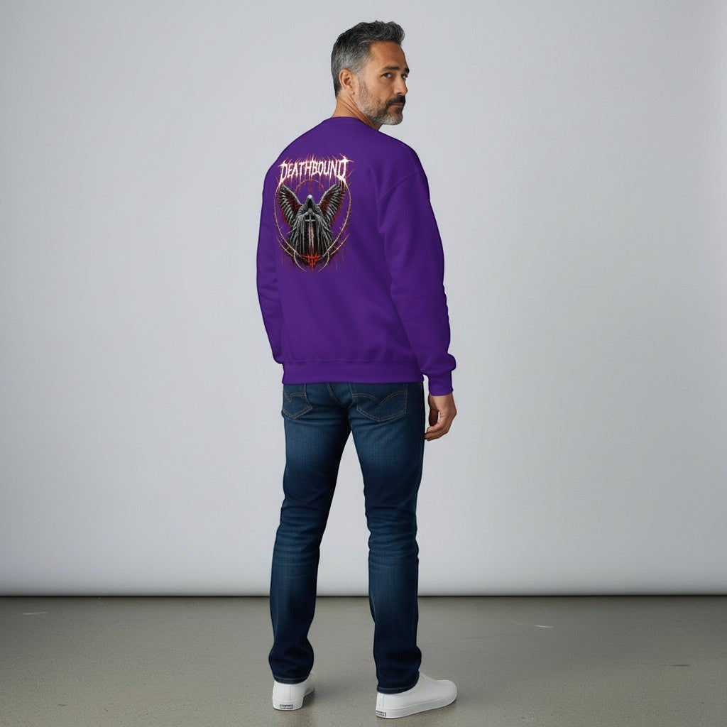 GYM PANTHERS purple crewneck sweatshirt with a graphic of a hooded figure with wings holding a sword, surrounded by thorns and the word Deathbound.