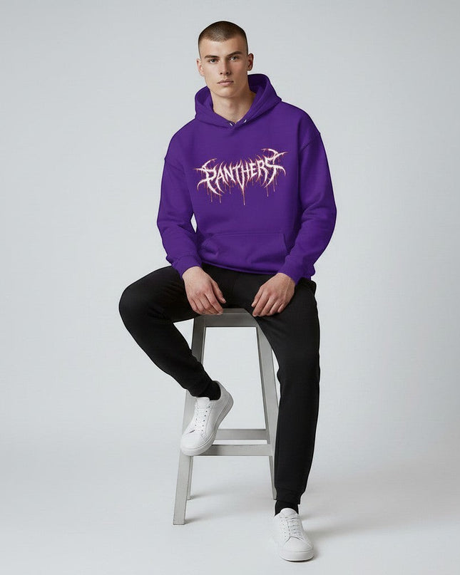GYM PANTHERS purple cotton blend hoodie with a bold white graphic logo and dripping effect. Model is wearing black joggers and white sneakers.