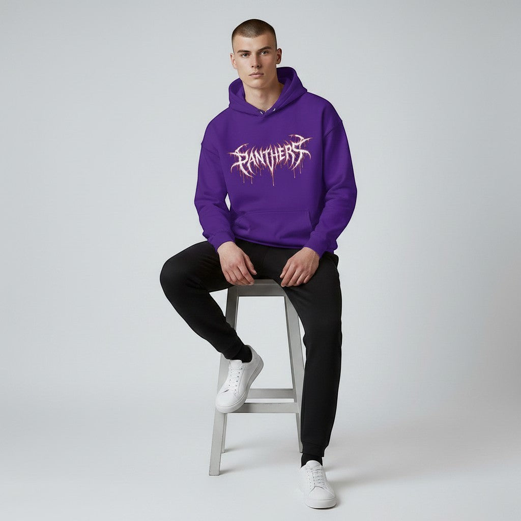 GYM PANTHERS purple cotton blend hoodie with a bold white graphic logo and dripping effect. Model is wearing black joggers and white sneakers.