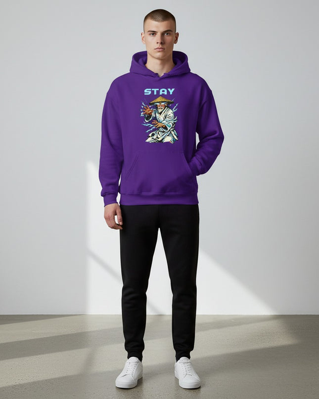 GYM PANTHERS purple cotton-blend hoodie with a graphic print of an old man in a conical hat surrounded by lightning.