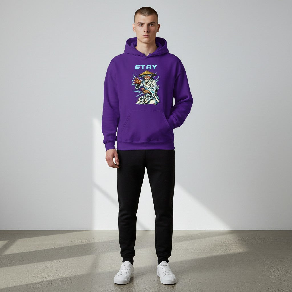 GYM PANTHERS purple cotton-blend hoodie with a graphic print of an old man in a conical hat surrounded by lightning.