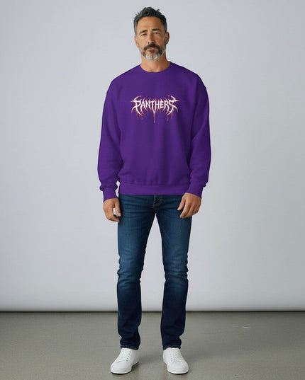 GYM PANTHERS purple crewneck sweatshirt with white and red graphic logo on the front. Long sleeves, ribbed cuffs and hem.