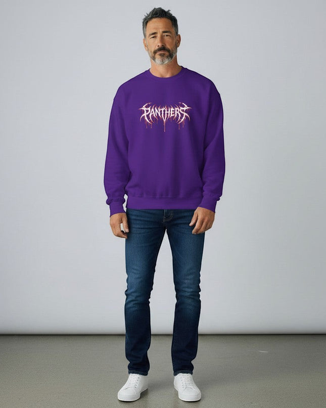 GYM PANTHERS purple crewneck sweatshirt with white and red graphic logo on the front. Long sleeves, ribbed cuffs and hem.
