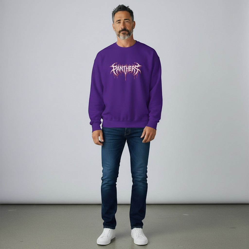 GYM PANTHERS purple crewneck sweatshirt with white and red graphic logo on the front. Long sleeves, ribbed cuffs and hem.