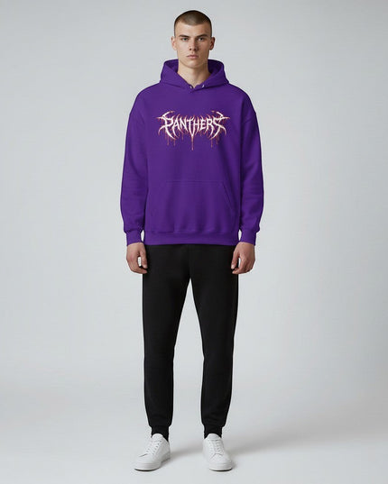 GYM PANTHERS purple hooded sweatshirt with white dripping 'Panthers' graphic logo on chest. Soft fabric, unisex fit.