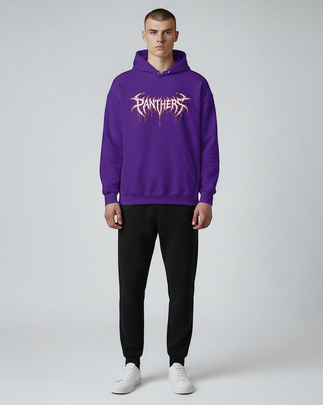 GYM PANTHERS purple hooded sweatshirt with white dripping 'Panthers' graphic logo on chest. Soft fabric, unisex fit.
