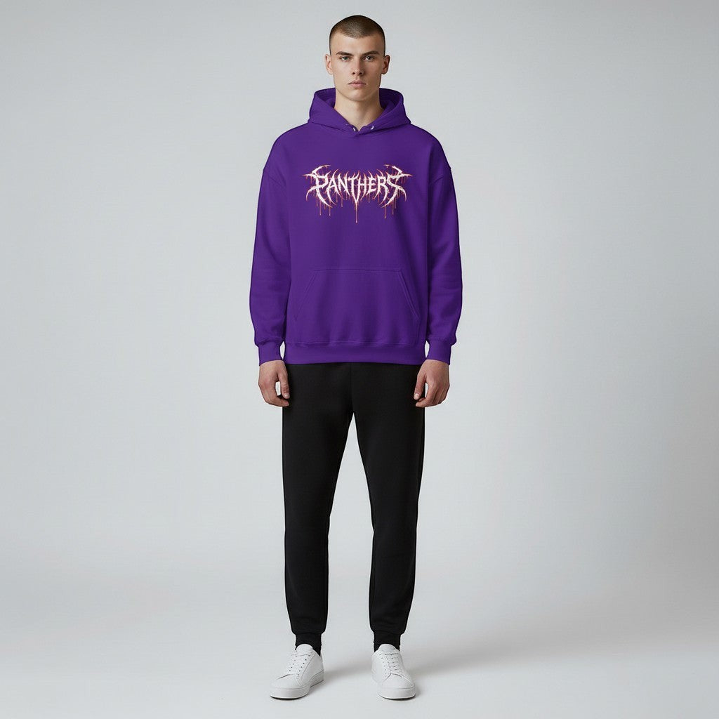 GYM PANTHERS purple hooded sweatshirt with white dripping 'Panthers' graphic logo on chest. Soft fabric, unisex fit.