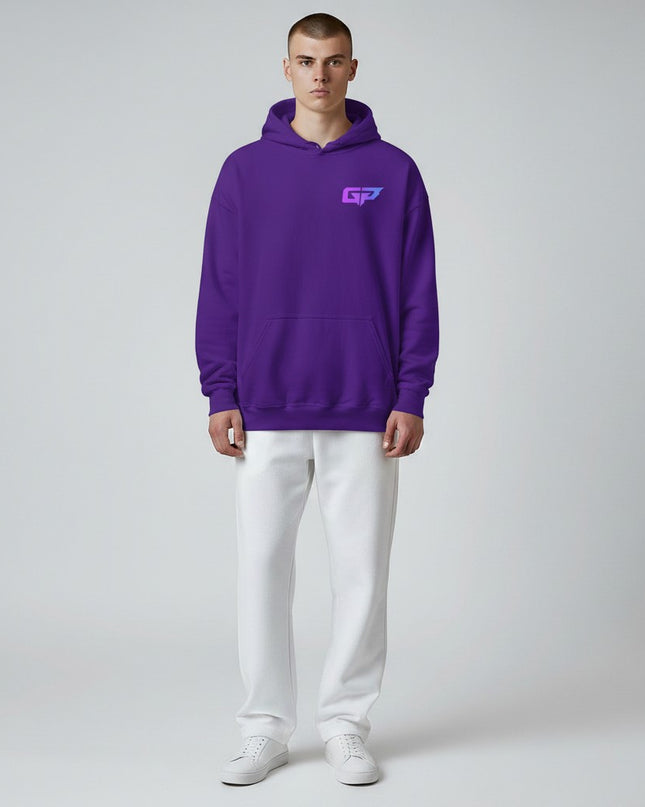 Gym Panthers purple premium hoodie with a gradient GP logo on the chest. Features a double-lined hood, drawcord, pouch pocket, and ribbed cuffs/waistband.