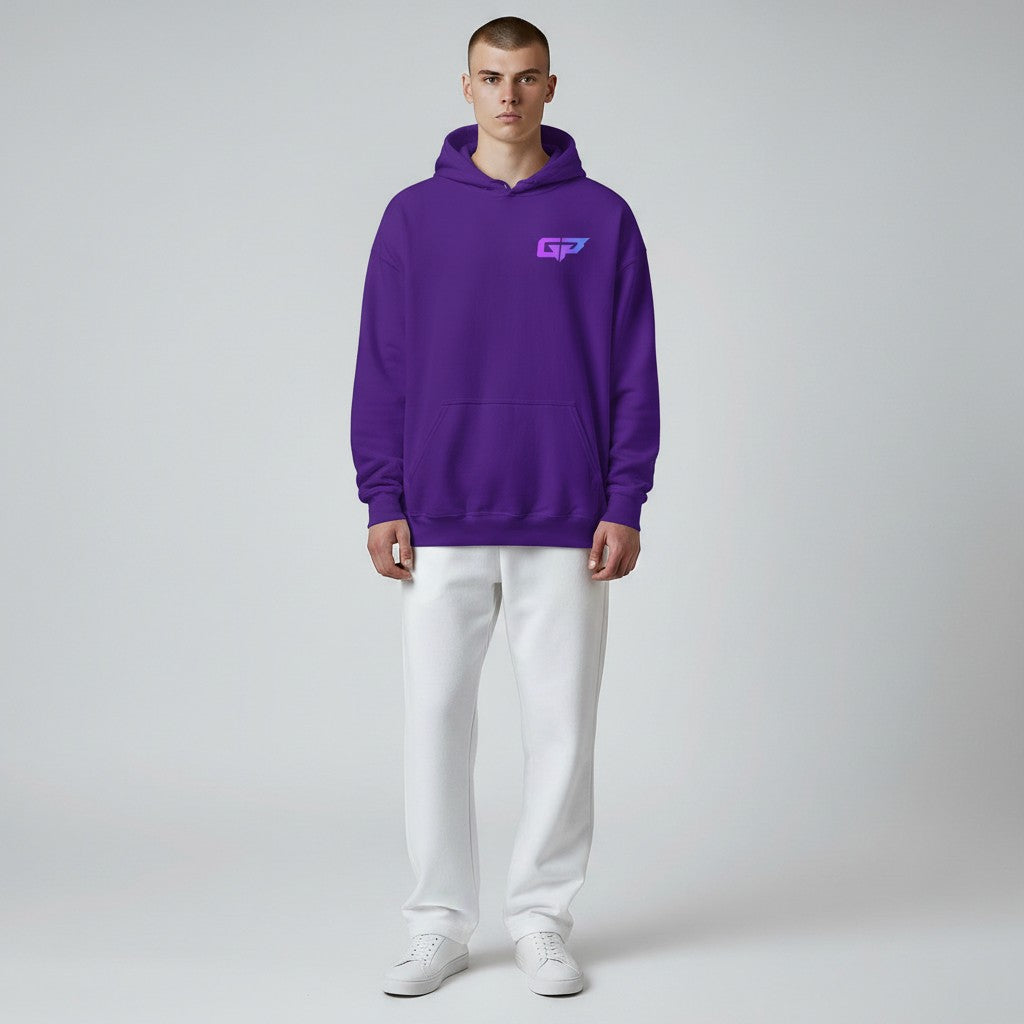 Gym Panthers purple premium hoodie with a gradient GP logo on the chest. Features a double-lined hood, drawcord, pouch pocket, and ribbed cuffs/waistband.