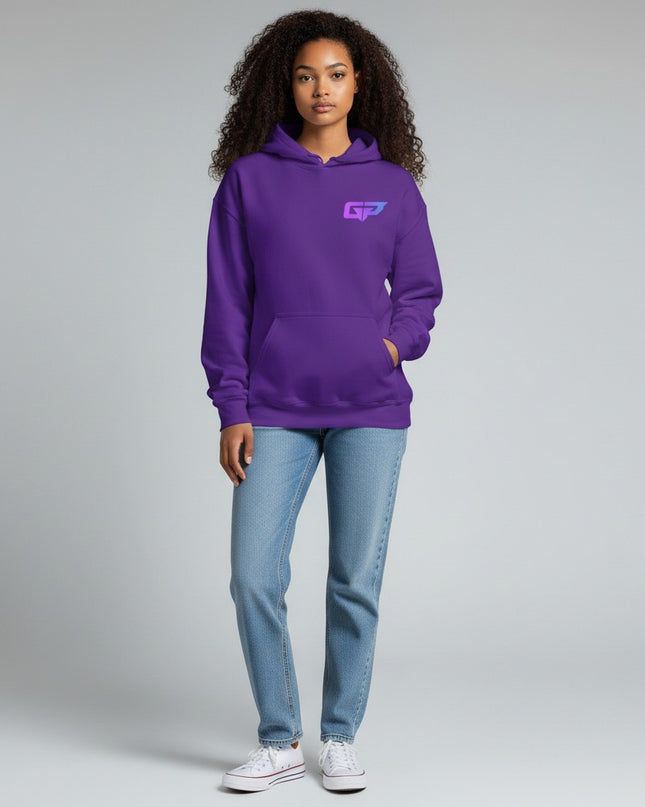 GYM PANTHERS purple premium hoodie with gradient GP logo on chest, front pouch pocket, and drawstring hood.