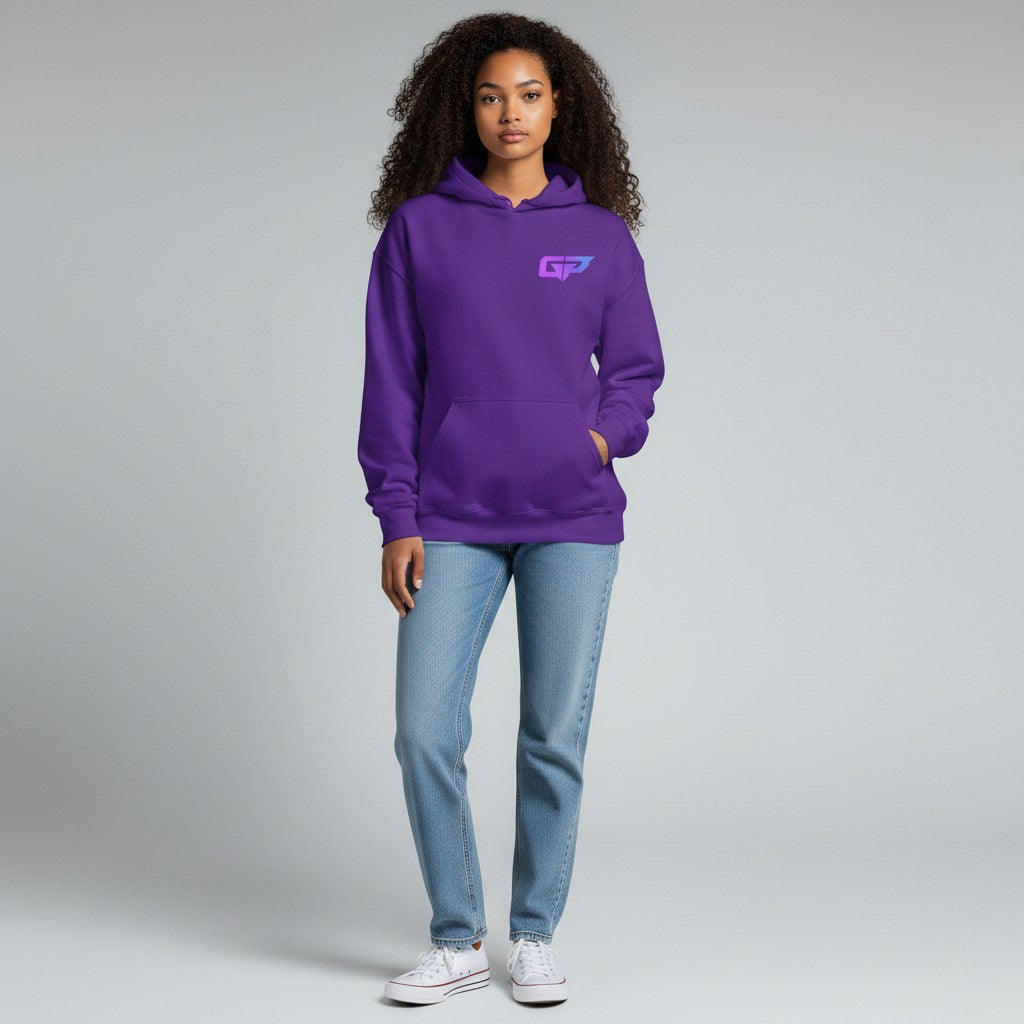 GYM PANTHERS purple premium hoodie with gradient GP logo on chest, front pouch pocket, and drawstring hood.