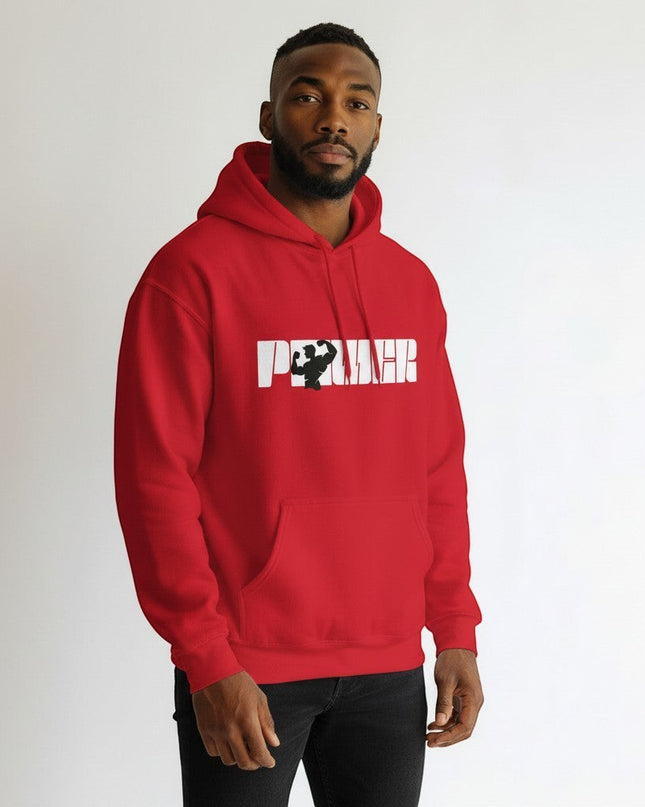 GYM PANTHERS red cotton-poly blend pullover hoodie with "POWER" graphic and a muscular silhouette.