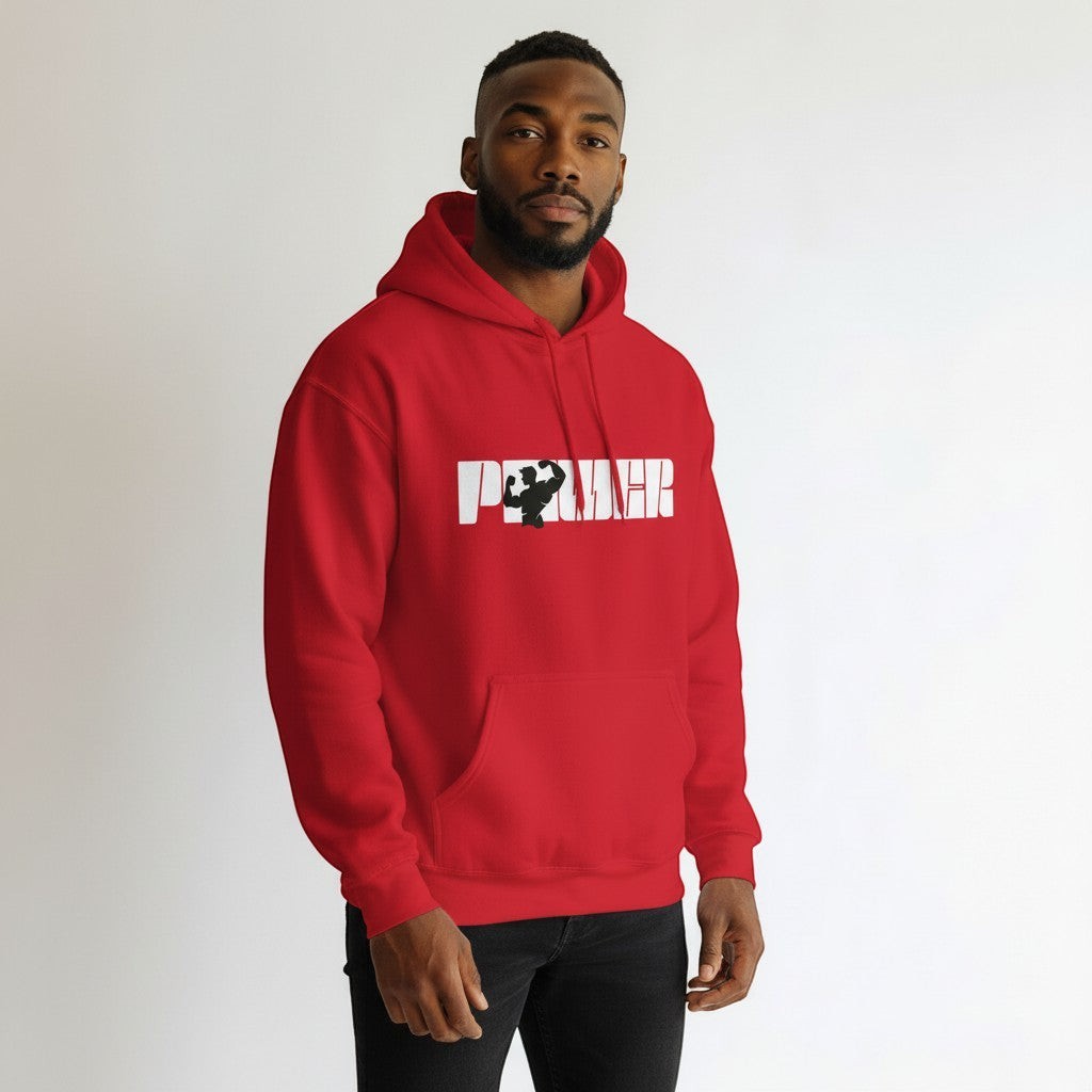 GYM PANTHERS red cotton-poly blend pullover hoodie with "POWER" graphic and a muscular silhouette.