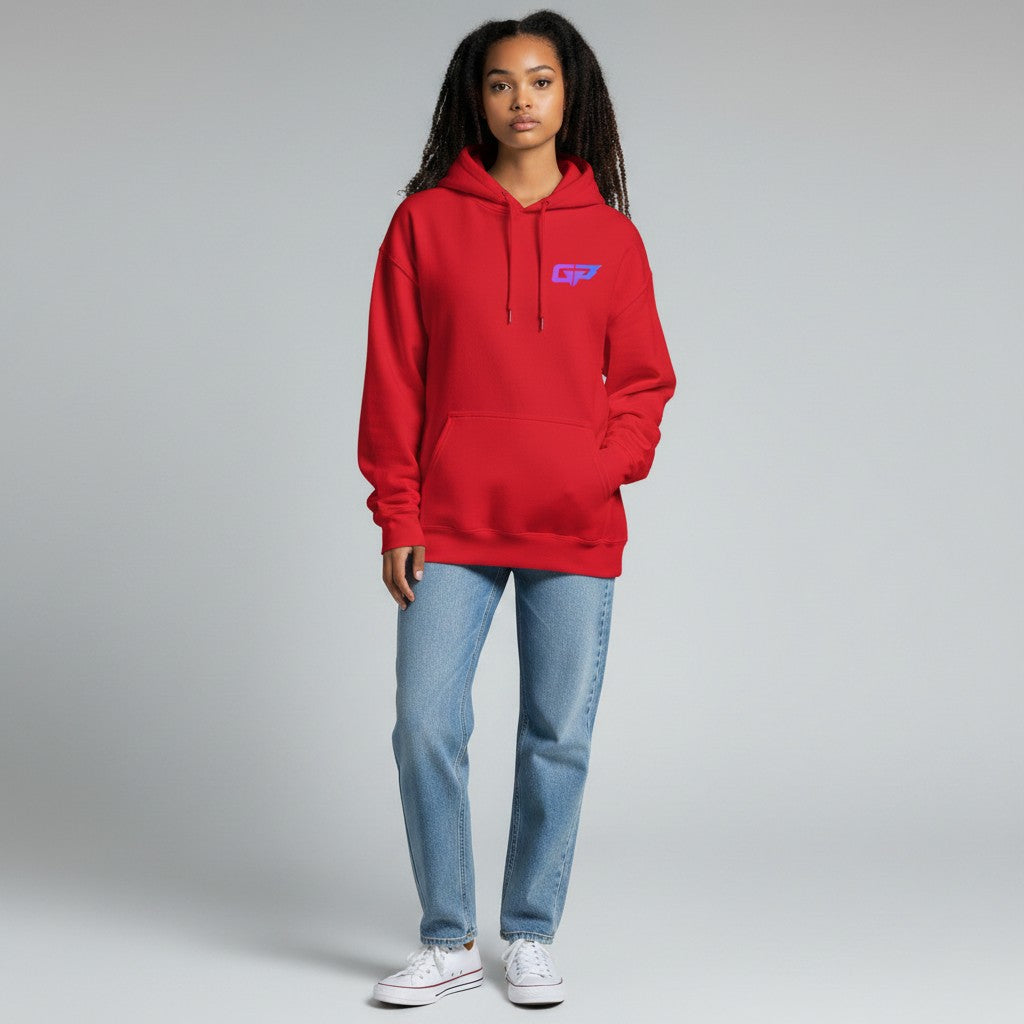 GYM PANTHERS red premium cotton hoodie with a purple and blue GP logo on the chest and a front pouch pocket.