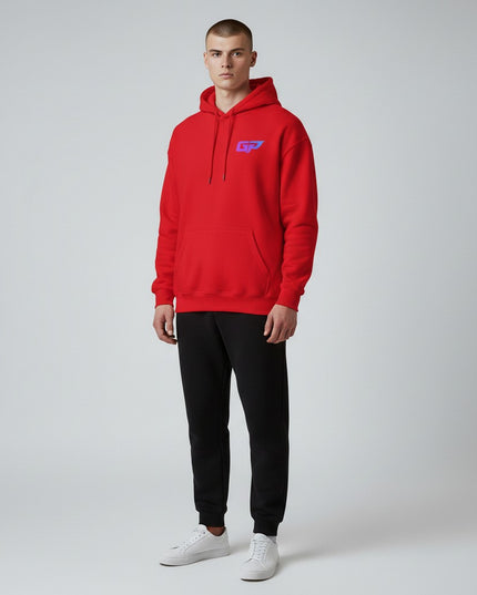 GYM PANTHERS red premium hoodie with a gradient GP logo on the chest and a front pouch pocket.
