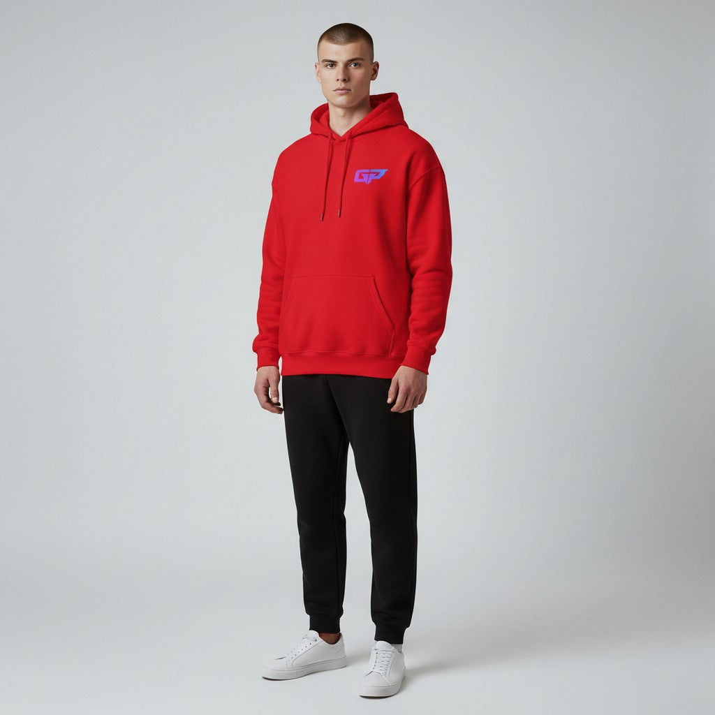 GYM PANTHERS red premium hoodie with a gradient GP logo on the chest and a front pouch pocket.
