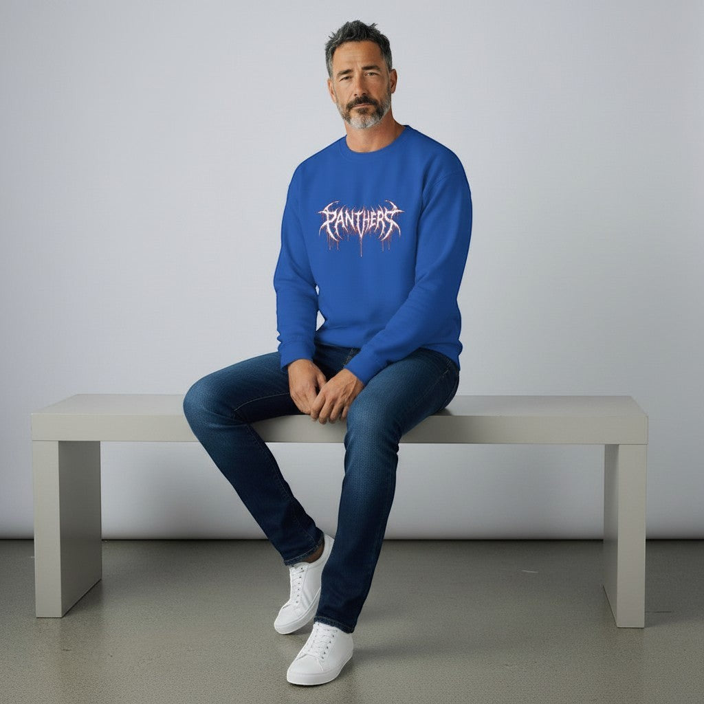 GYM PANTHERS royal blue crewneck sweatshirt with white and red graphic logo on chest, worn by a man in jeans.
