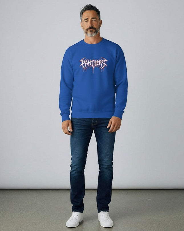 GYM PANTHERS royal blue crewneck sweatshirt with white and red graphic logo on the chest.