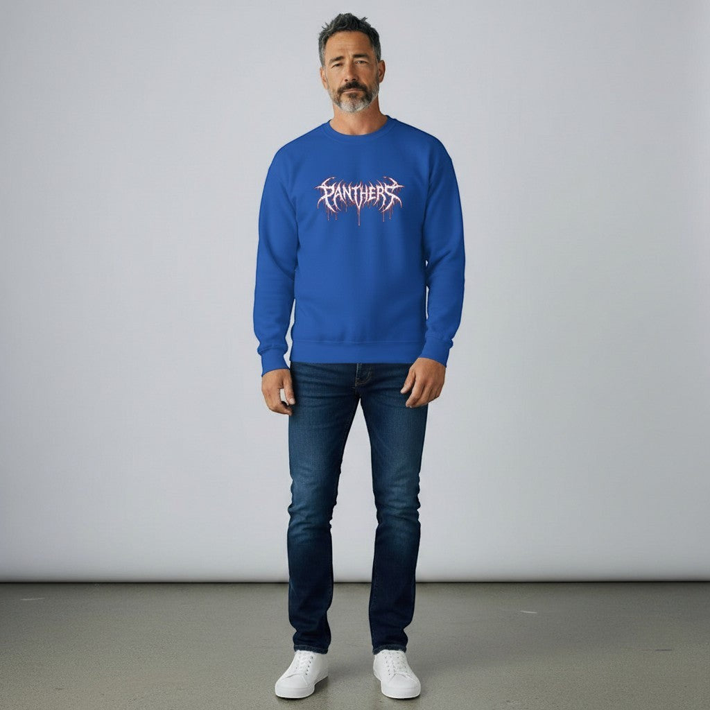GYM PANTHERS royal blue crewneck sweatshirt with white and red graphic logo on the chest.