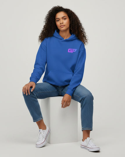 GYM PANTHERS royal blue premium cotton blend hoodie with gradient GP logo on chest, front pouch pocket, and drawstring hood.