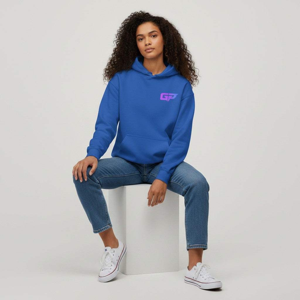 GYM PANTHERS royal blue premium cotton blend hoodie with gradient GP logo on chest, front pouch pocket, and drawstring hood.