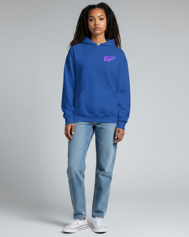 GYM PANTHERS royal blue premium cotton blend hoodie with a gradient GP logo on the chest and a front pouch pocket.