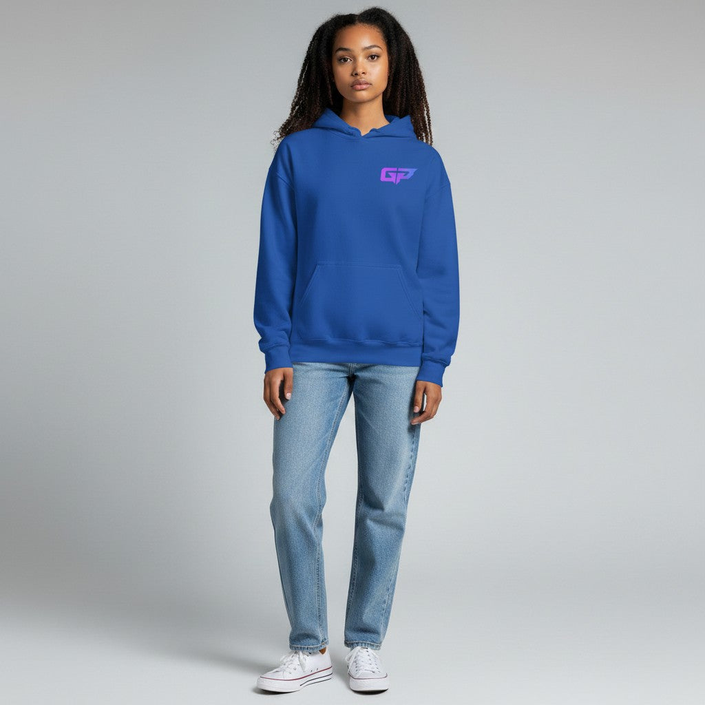 GYM PANTHERS royal blue premium cotton blend hoodie with a gradient GP logo on the chest and a front pouch pocket.