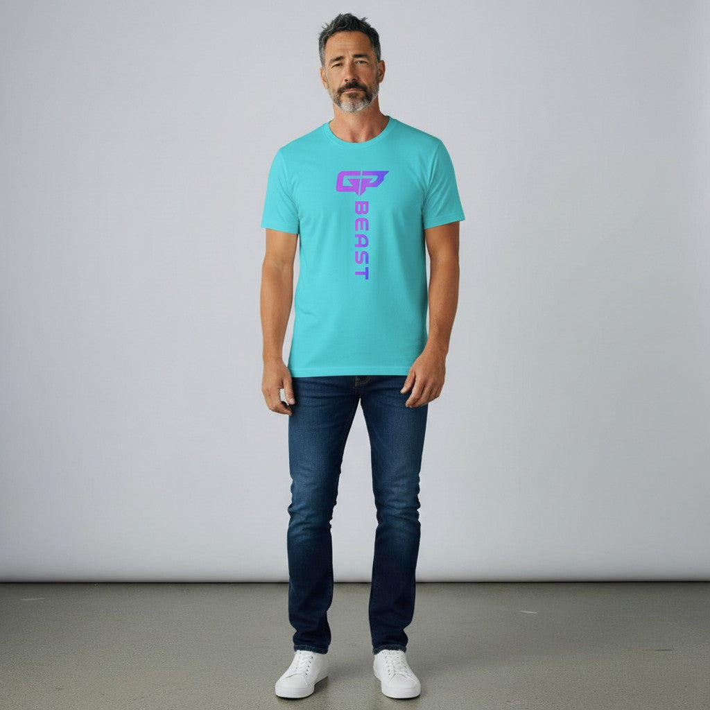 GYM PANTHERS turquoise t-shirt with vertical gradient logo and text "BEAST" on the front.
