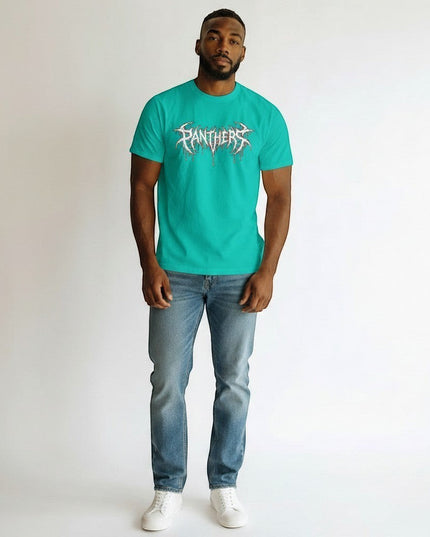 GYM PANTHERS turquoise 100% cotton t-shirt with a white and red distressed 'Panthers' graphic logo on the chest.