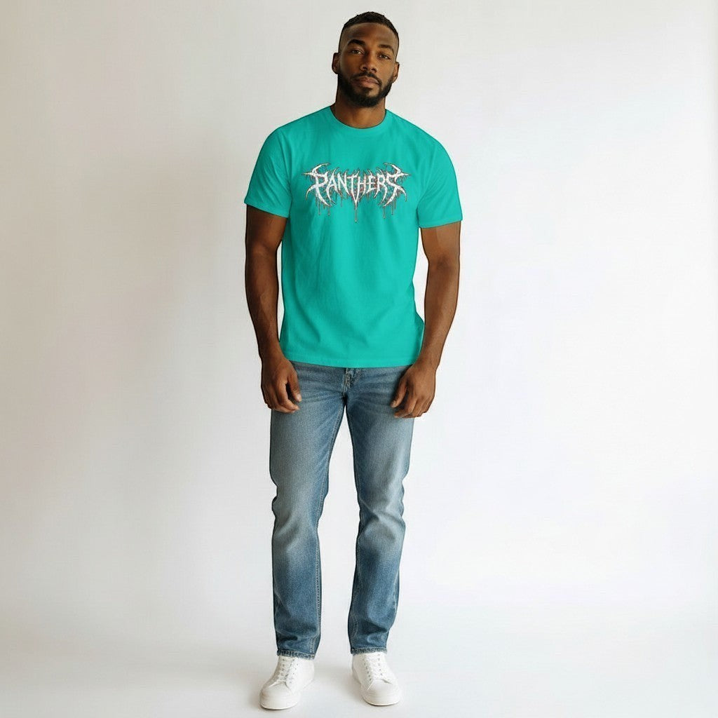 GYM PANTHERS turquoise 100% cotton t-shirt with a white and red distressed 'Panthers' graphic logo on the chest.