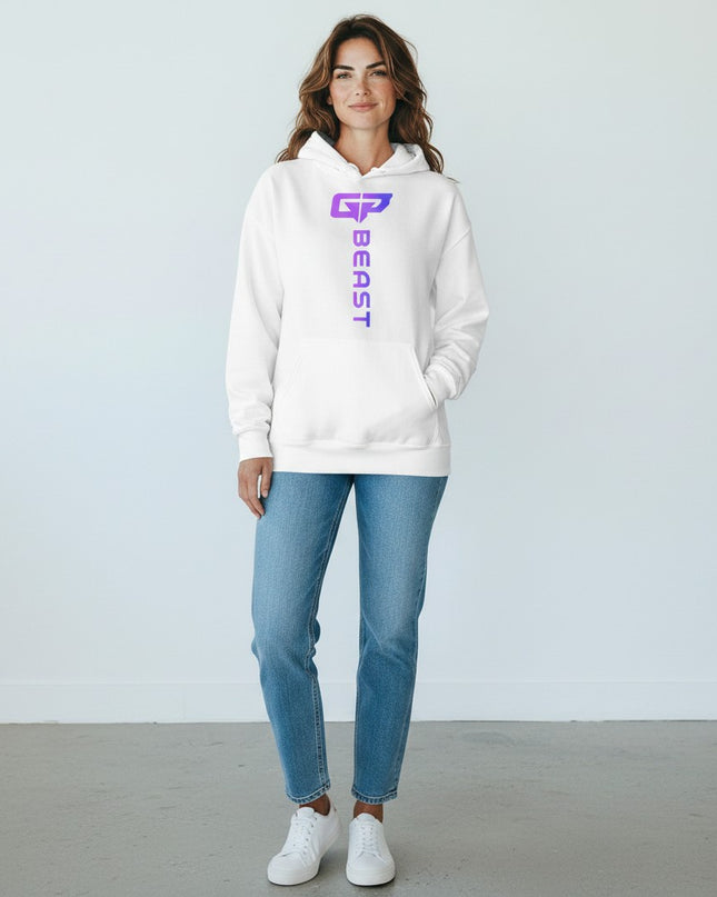 GYM PANTHERS white unisex hoodie with a vertical gradient logo and text that reads "BEAST" on the chest.