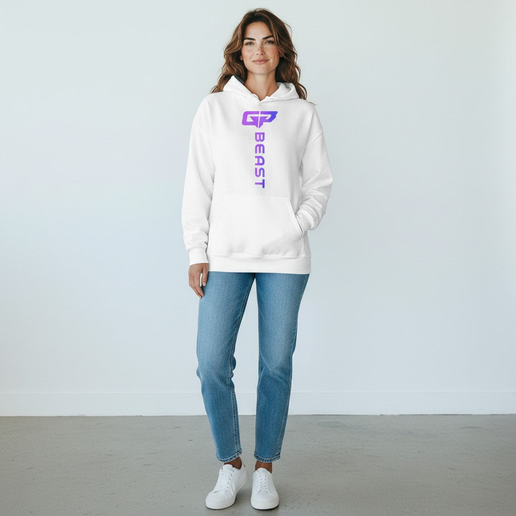 GYM PANTHERS white unisex hoodie with a vertical gradient logo and text that reads "BEAST" on the chest.